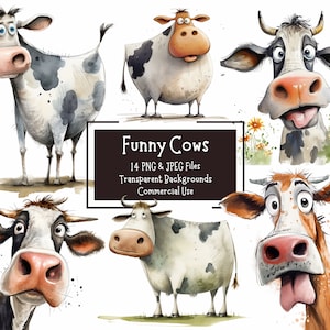 14 Paquete de imágenes prediseñadas de vacas divertidas archivos PNG y JPEG / Fondos transparentes / Gráficos divertidos de animales de granja / Licencia comercial / Elaboración digital