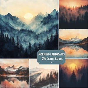 Puede incluir: Una colección de papeles digitales con arte de paisajes en acuarela. Las imágenes representan cadenas montañosas, bosques y amaneceres en tonos azules, naranjas y amarillos. El texto "MORNING LANDSCAPES 24 DIGITAL PAPERS" se muestra en una pancarta.