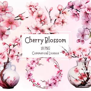 Pacote de Cliparts de Flores de Cerejeira com 18 PNGs | Fundos Transparentes | Uso Comercial | Flores de Sakura Rosa em Aquarela para Imprimir