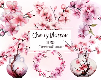Japanese Sakura Cherry Blossom Clipart Bundle 18 PNG | Transparent Backgrounds | Commercial Use | Printable Watercolour Pink Sakura Flowers