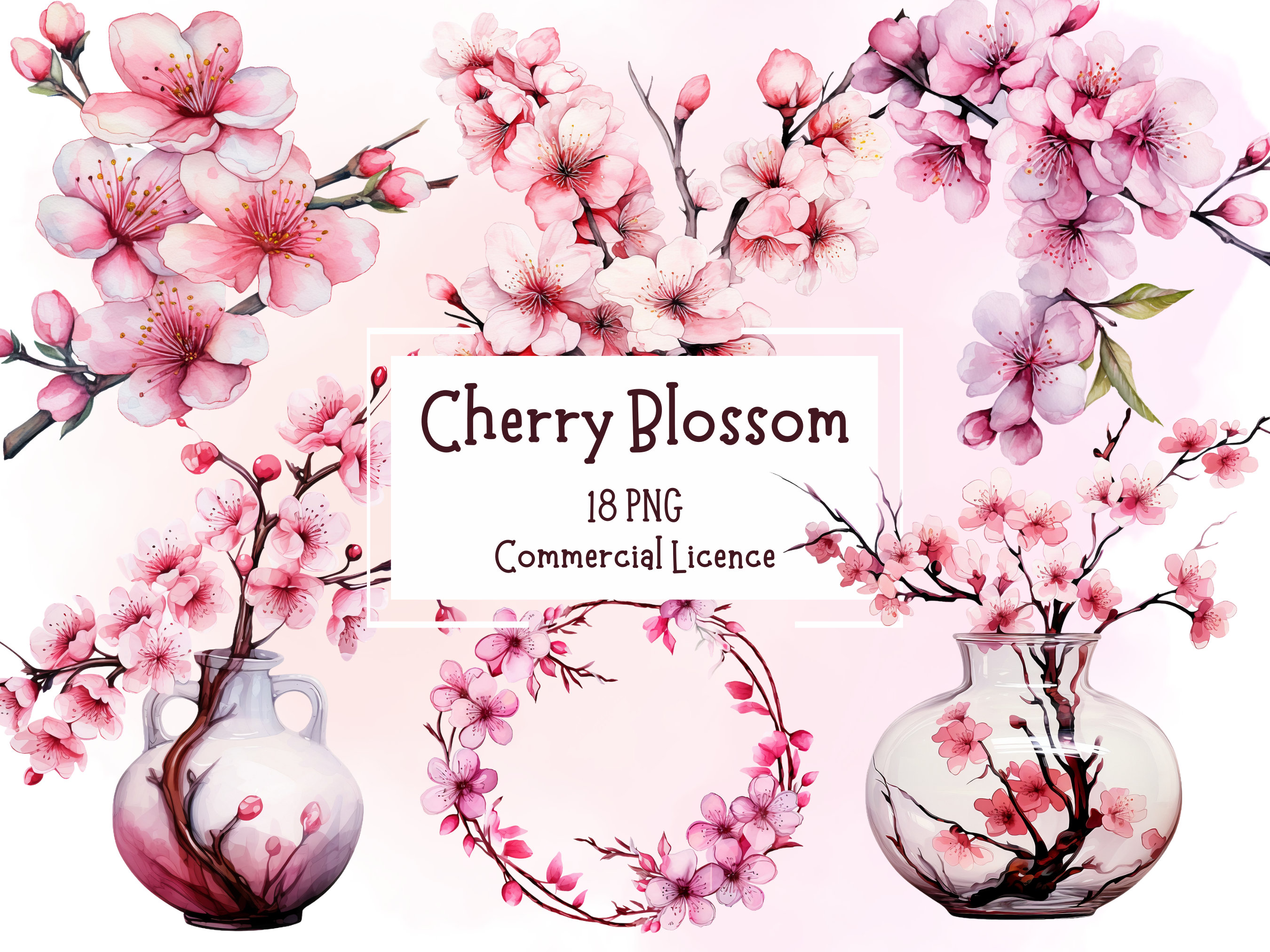 Japanese Sakura Cherry Blossom Clipart Bundle 18 PNG | Transparent ...