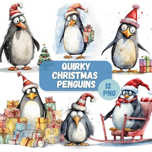 Lot de cliparts PNG original de pingouin de Noël | Fonds transparents | Graphismes festifs amusants | Dessins mignons de fabrication de cartes imprimables