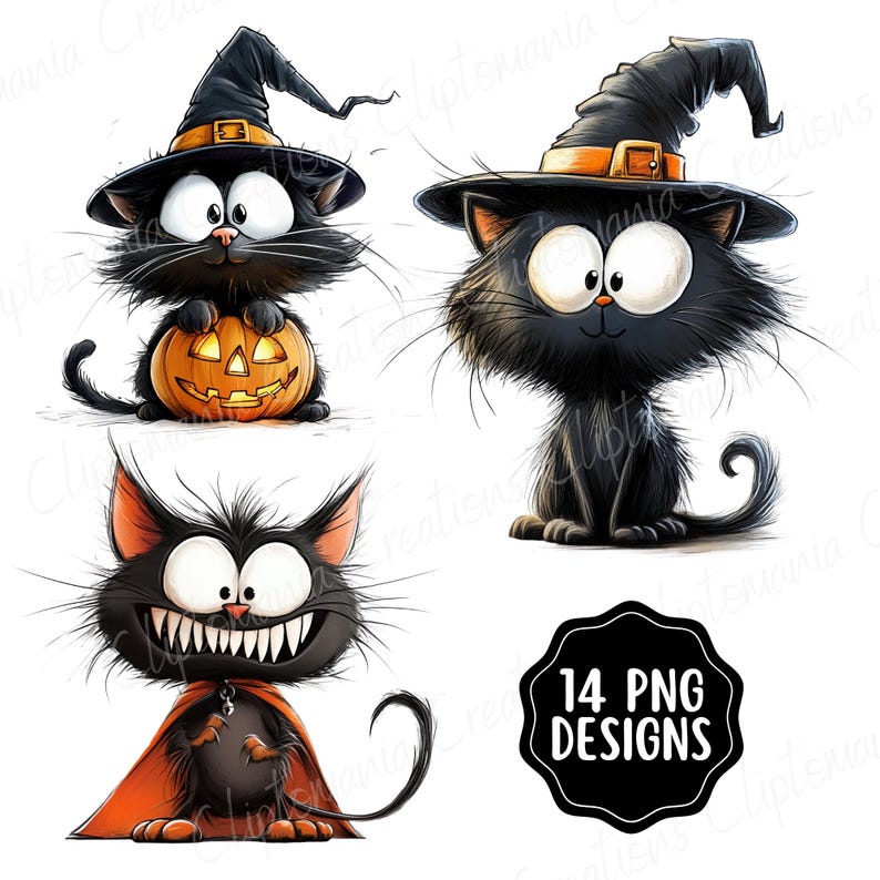 May include: A collection of Halloween-themed illustrations featuring cartoon black cats. One cat wears a witch hat and holds a carved pumpkin. Another cat wears a witch hat. The third cat has a cape and a large grin. The image includes the text "14 PNG DESIGNS".