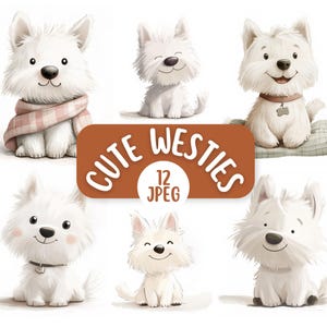 Lindo paquete de imágenes prediseñadas de perro West Highland White Terrier, 12 diseños JPEG, uso comercial, lindas imágenes prediseñadas de perro mascota, lindo dibujo animado de Westie