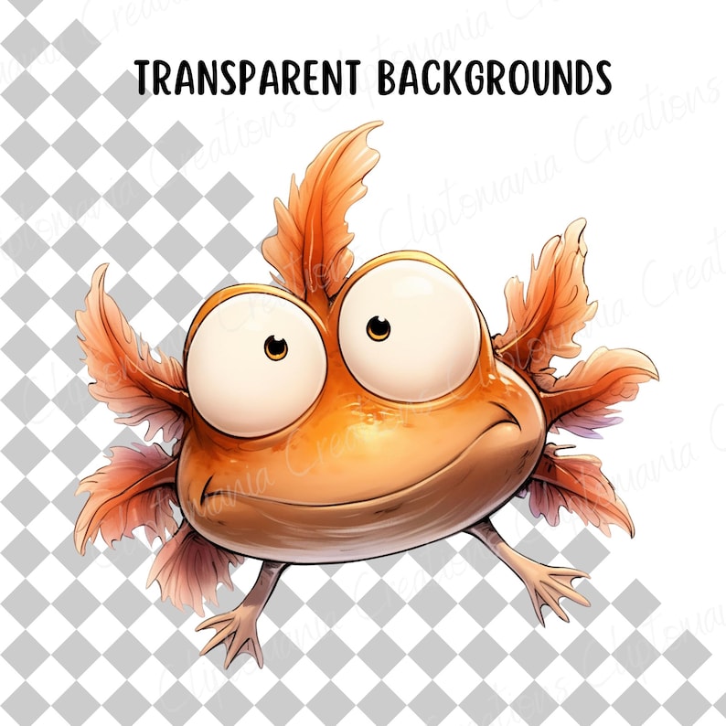 May include: A cartoon axolotl illustration with large eyes and feathery gills. The axolotl is orange with a pale belly and small limbs. The text "TRANSPARENT BACKGROUNDS" is above the axolotl.