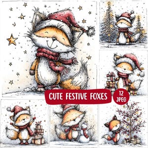 May include: A collection of watercolor illustrations featuring cute foxes in festive winter attire. Each fox is depicted with a red hat and scarf, surrounded by snowflakes and stars. The text "CUTE FESTIVE FOXES" is displayed on a red banner.