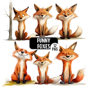 May include: A collection of six cartoon foxes in various poses, all with smiling expressions. The foxes are primarily orange and white, with black accents. The image includes the text "FUNNY FOXES 12 PNG" in a black rectangle.