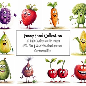 Pacchetto clipart personaggi cibo divertente / 16 immagini 300DPI di alta qualità con sfondi / uso commerciale / diario spazzatura / artigianato con carta digitale
