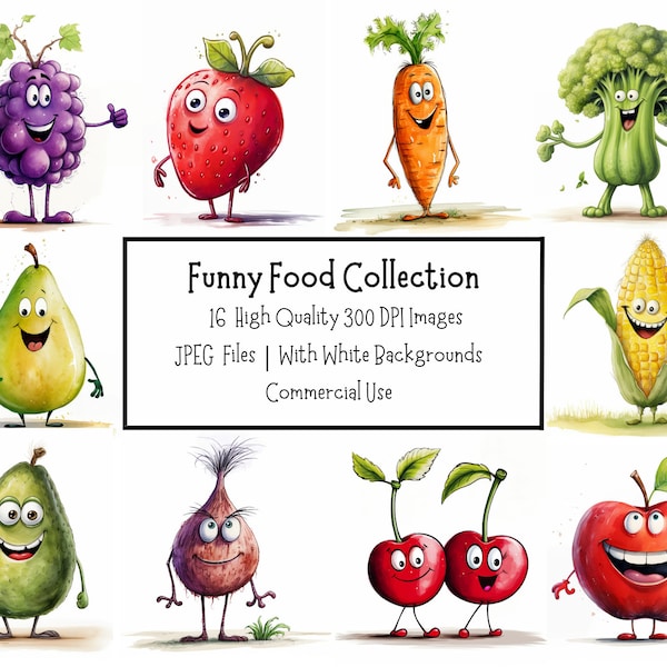 Funny Food Characters Clipart Bundle | 16 High Quality 300DPI Images With Backgrounds | Commercial Use | Junk Journal | Digital Paper Craft