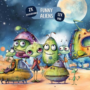 Funny Watercolour Alien Clipart Bundle 12 PNG Designs, Transparent Backgrounds, Commercial Use, Outer Space, Children's Clipart