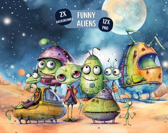 Funny Watercolour Alien Clipart Bundle 12 PNG Designs, Transparent Backgrounds, Commercial Use, Outer Space, Children's Clipart