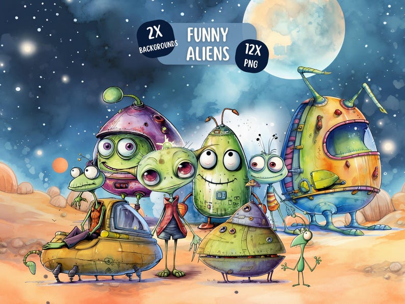 Funny Watercolour Alien Clipart Bundle 12 PNG Designs, Transparent Backgrounds, Commercial Use, Outer Space, Children's Clipart image 1