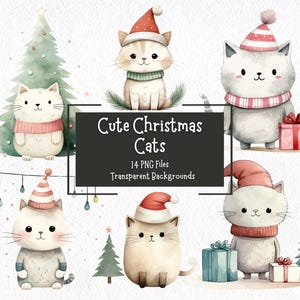 Süße Weihnachtskatze PNG Clipart Bundle | Kommerzielle Nutzung | Digitaler Download | Entzückende festliche Clipart | Aquarell Katze | Kartengestaltung