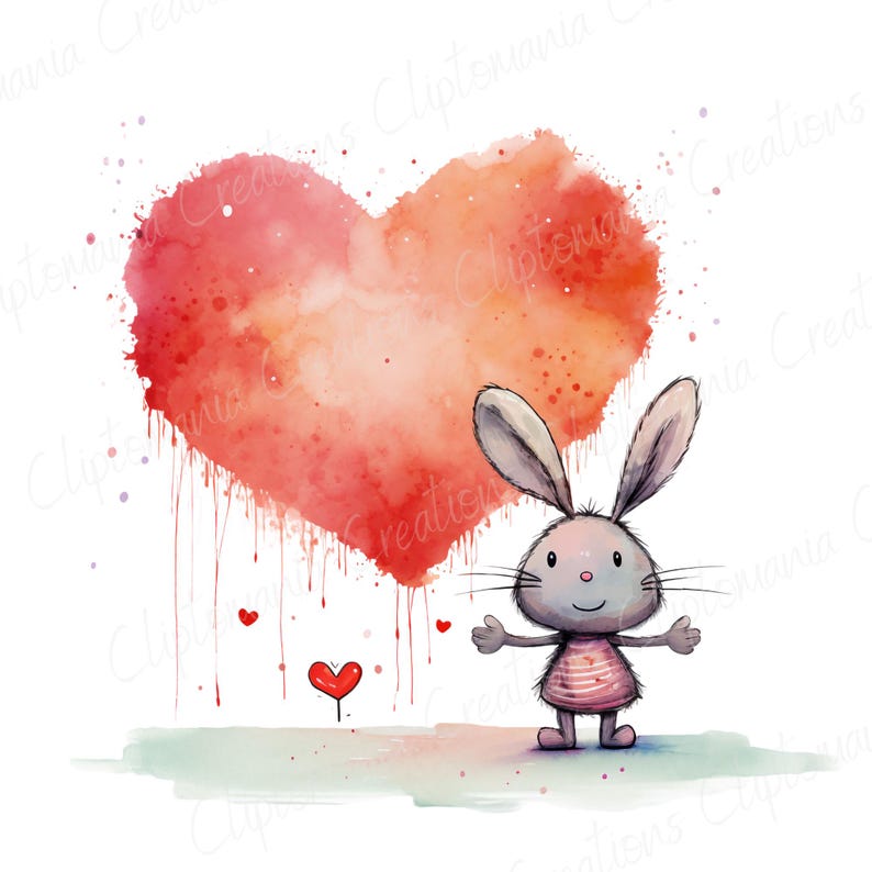 Puede incluir: Una ilustraci&oacute;n de acuarela de un coraz&oacute;n rojo con gotas de pintura y un conejo gris con rayas rosas y blancas de pie frente a &eacute;l. El conejo sonr&iacute;e y tiene los brazos extendidos.