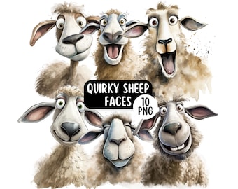 Quirky Sheep Faces PNG Clipart Bundle, Cute & Funny Watercolour Sheep, Funny Farm Animal Clipart, Digital Paper Craft, Card Making Designs