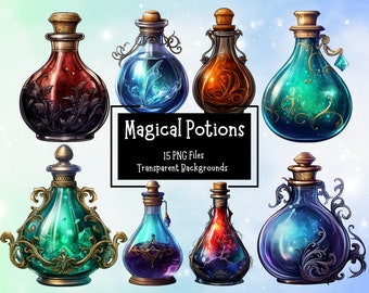 Peut inclure: Ensemble de 10 flacons de potion magique avec des détails dorés ornés et des liquides de différentes couleurs. Les flacons sont disposés sur deux rangées, avec le texte "Magical Potions" et "15 PNG Files Transparent Backgrounds" en dessous.