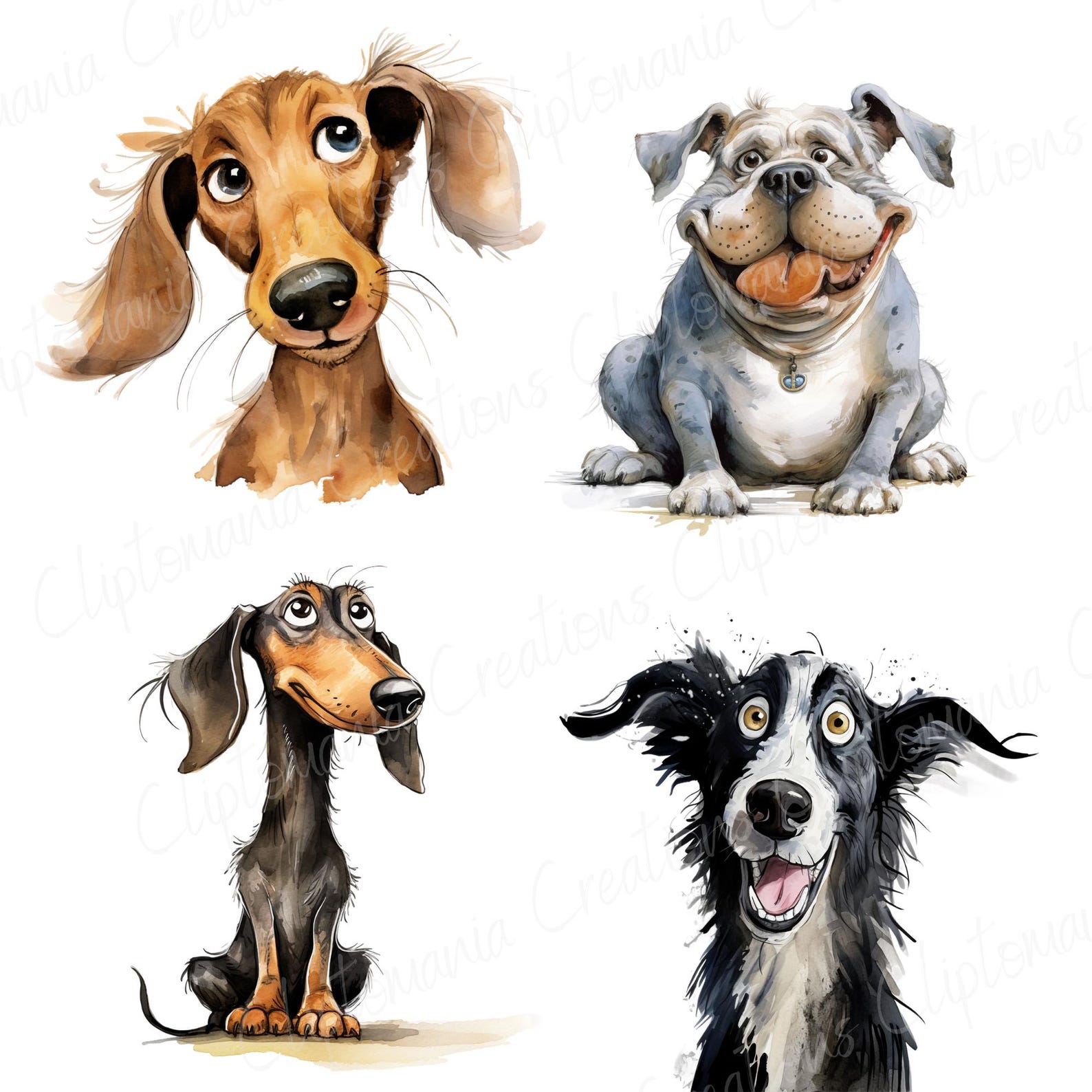 Cute and Funny Watercolour Dog PNG Clipart Bundle, Quirky Dog Breed ...
