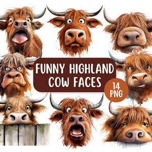 Paquete de 14 imágenes prediseñadas con caras divertidas de vacas de las Highlands / PNG de vacas de las Highlands / Fondos transparentes / Uso comercial / Imágenes prediseñadas extravagantes / Creación de tarjetas