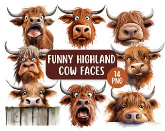 May include: A set of 14 digital illustrations of funny Highland cow faces. The cows have different expressions, including surprised, angry, and silly. The illustrations are in a cartoon style and are perfect for use in digital projects.
