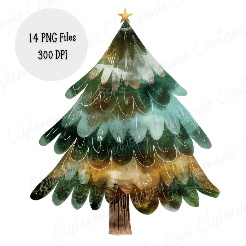 K&ouml;nnte beinhalten: Eine Aquarell-Illustration eines gr&uuml;nen und goldenen Weihnachtsbaums mit einem goldenen Stern oben. Der Baum hat einen skurrilen, handgezeichneten Stil mit wei&szlig;en Linien und Wirbeln.