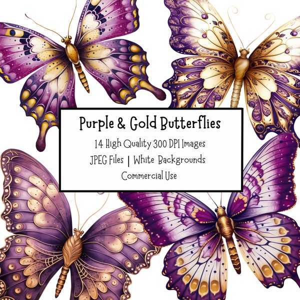 Purple & Gold Butterfly Clipart Bundle | 14 High Quality JPEG's | Digital Download | Card Making, Digital Paper | Commercial Use
