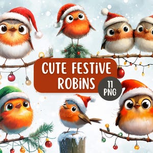 Pacote de clipart PNG de Robins festivos fofos e engraçados 11 | Fundos transparentes | Pássaros de Natal em um galho | Designs para fazer cartões | Cena de neve