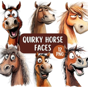 Paquete de imágenes prediseñadas de caras de caballos extravagantes, 12 diseños PNG, uso comercial, gráficos de caballos de dibujos animados divertidos y lindos, diseños para hacer tarjetas, imprimibles
