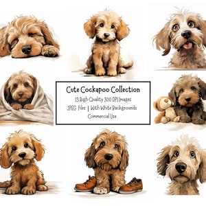 Niedliches Cockapoo Hund Clipart Bundle | 13 hochwertige JPEG Illustrationen mit Hintergründen | Kommerzielle Nutzung | Junk Journal | Kartenherstellung