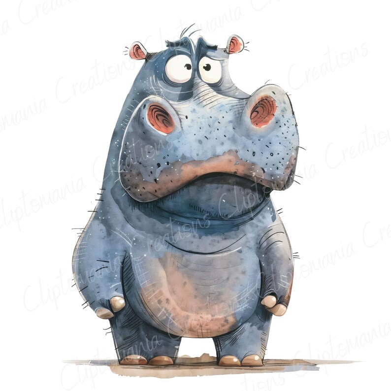 Cute & Funny Unhappy Hippo Clipart Bundle, 12 PNG Transparent Backgrounds, Digital Download, Funny Watercolour Animals, Safari Animal PNG image 6