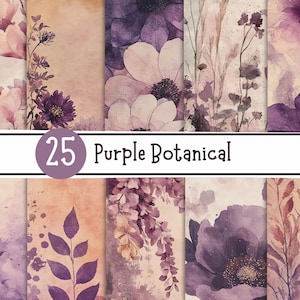 Purple Botanical Vintage Junk Journal Digital Paper Pack Watercolour Floral Background pages for Scrapbooking, Card Making & Crafts