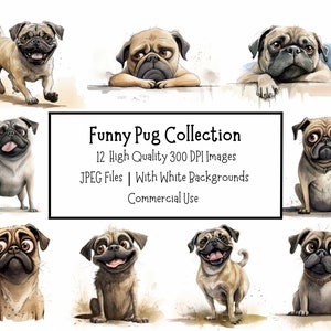 Paquete de imágenes prediseñadas de perro Pug divertido / 12 imágenes de alta calidad 300DPI / Uso comercial / Descarga digital / Diario basura / Artesanía de papel