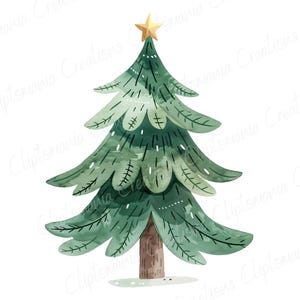 K&ouml;nnte beinhalten: Eine Aquarell-Illustration eines gr&uuml;nen Weihnachtsbaums mit einem goldenen Stern oben. Der Baum ist in einem verspielten Stil mit einem braunen Stamm und gr&uuml;nem Laub gemalt.
