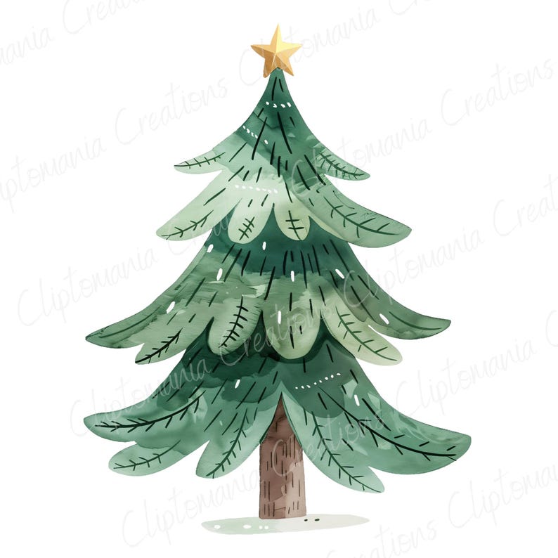 K&ouml;nnte beinhalten: Eine Aquarell-Illustration eines gr&uuml;nen Weihnachtsbaums mit einem goldenen Stern oben. Der Baum ist in einem verspielten Stil mit einem braunen Stamm und gr&uuml;nem Laub gemalt.