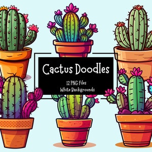 Cactus en pot Doodle Clipart Bundle de 10 dessins PNG | Arrière-plans transparents Illustrations botaniques colorées de dessins animés | Utilisation commerciale