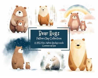 May include: A digital illustration set of 12 watercolor bear images. The bears are brown and white and are depicted in various poses, including hugging, standing, and sitting. The bears are all smiling and have a happy expression. The background is white. The text "Bear Hugs Fathers Day Collection 12 JPEG Files / White Backgrounds Commercial Use" is displayed in the center of the image.