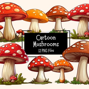 Cartoon Pilz Clipart Bundle 12 PNG-Dateien | Transparente Hintergründe | Bunte Fliegenpilz-Grafiken | Digitales Scrapbooking