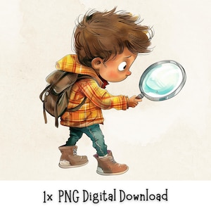 Niño lindo con lupa PNG Diseño de imágenes prediseñadas / Fondo transparente / Uso comercial / Descarga digital / Niño acuarela de dibujos animados