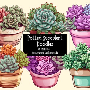 Potted Succulent Doodles 8 PNG Clipart Bundle  | Botanical Graphics | Transparent Backgrounds | Cartoon Succulents | Digital Download
