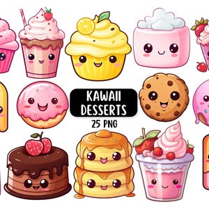 Söt Kawaii Dessert Clipart Bundle, Kawaii PNG, Digitala Klistermärken, Kawaii Mat, Kommersiell Licens, Digital Nedladdning bild 1