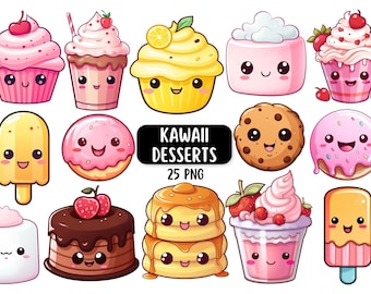 Cute Kawaii Dessert Clipart Bundle, Kawaii PNG, Digital Stickers, Kawaii Food, Commercial Licence, Digital Download