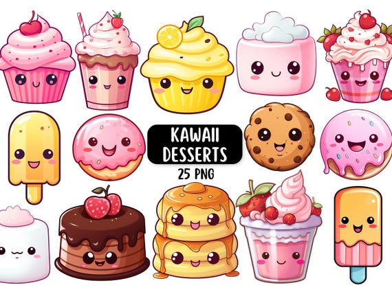 Cute Kawaii Dessert Clipart Bundle, Kawaii PNG, Digital Stickers, Kawaii Food, Commercial Licence, Digital Download
