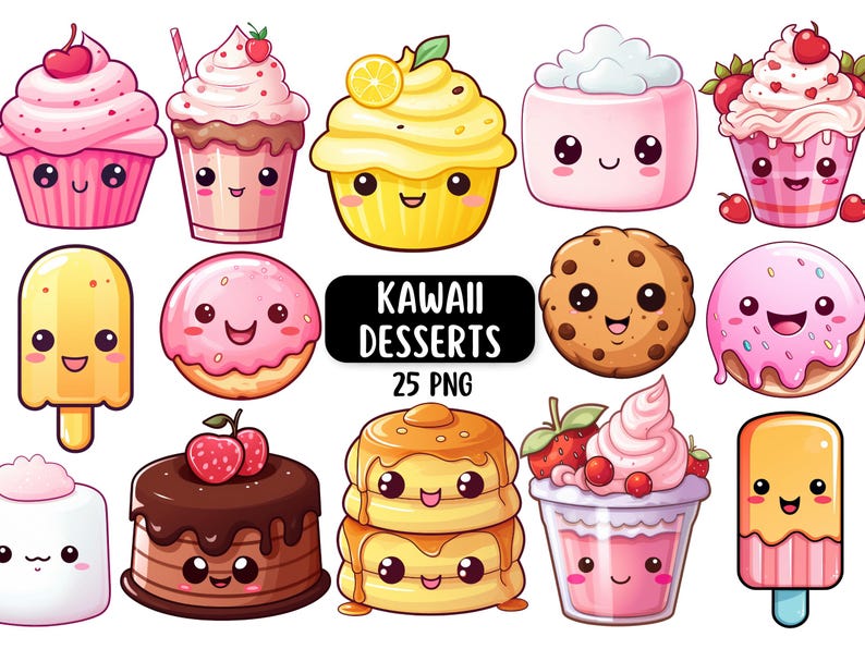 Söt Kawaii Dessert Clipart Bundle, Kawaii PNG, Digitala Klistermärken, Kawaii Mat, Kommersiell Licens, Digital Nedladdning bild 1