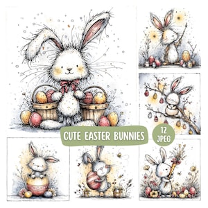Joli lapin de Pâques Clipart Bundle 12 JPEG, modèles de cartes de Pâques imprimables, lapins mignons avec oeufs de Pâques et fleurs, créations numériques