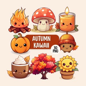 Puede incluir: Una colección de ilustraciones de dibujos animados que incluye una fogata, un hongo, una vela, una calabaza, una bellota, una taza con crema batida, un árbol con hojas rojas y naranjas, y un girasol, con el texto AUTUMN KAWAII 30 PNG.