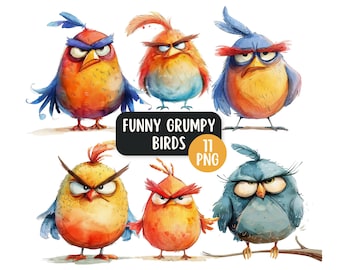 Funny Grumpy Birds Clipart Bundle, Commercial Use, Colourful Quirky Bird PNG, Birds On A Branch, Grumpy Animal PNG Digital Download