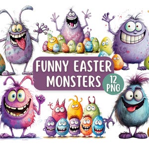 Monstre de Pâques mignon et drôle, 12 cliparts PNG | Graphiques de Pâques pour enfants | Utilisation commerciale | Artisanat de Pâques | Oeuf de Pâques monstre rigolo