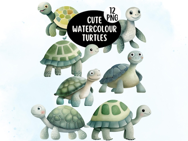 Cute Watercolour Turtle PNG Clipart Bundle, Cute Ocean Animals for Baby Shower, Nursery Prints & Digital Crafts, Cute Tortoise PNG image 1