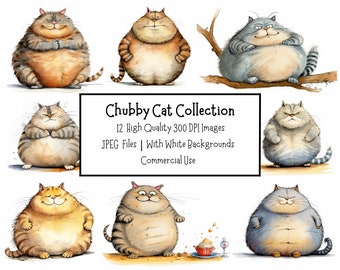 Pacchetto di clipart di gatti paffuti e divertenti / 12 immagini di alta qualità a 300 DPI / Uso commerciale / Download digitale / Junk Journal / Lavori di cartoleria