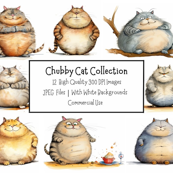 Funny Chubby Cat Clipart Bundle | 12 High Quality 300DPI Images | Commercial Use | Digital Download | Junk Journal | Paper Crafting