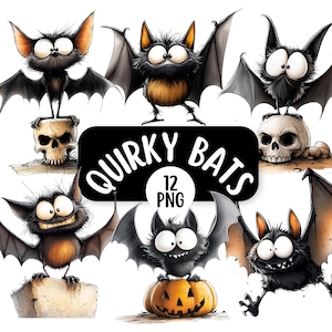 Quirky Bats Clipart Bundle 12 obrazów PNG | Zaproszenia i tworzenie kartek DIY | Pobieranie cyfrowe | Słodkie i zabawne nietoperze | Słodkie Halloween Clipart